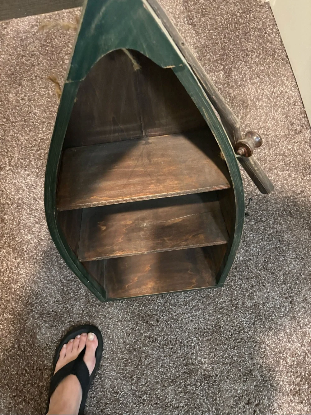 Old,  beat up Canoe Wooden Shelf Unit in Dark Green- vintage cool